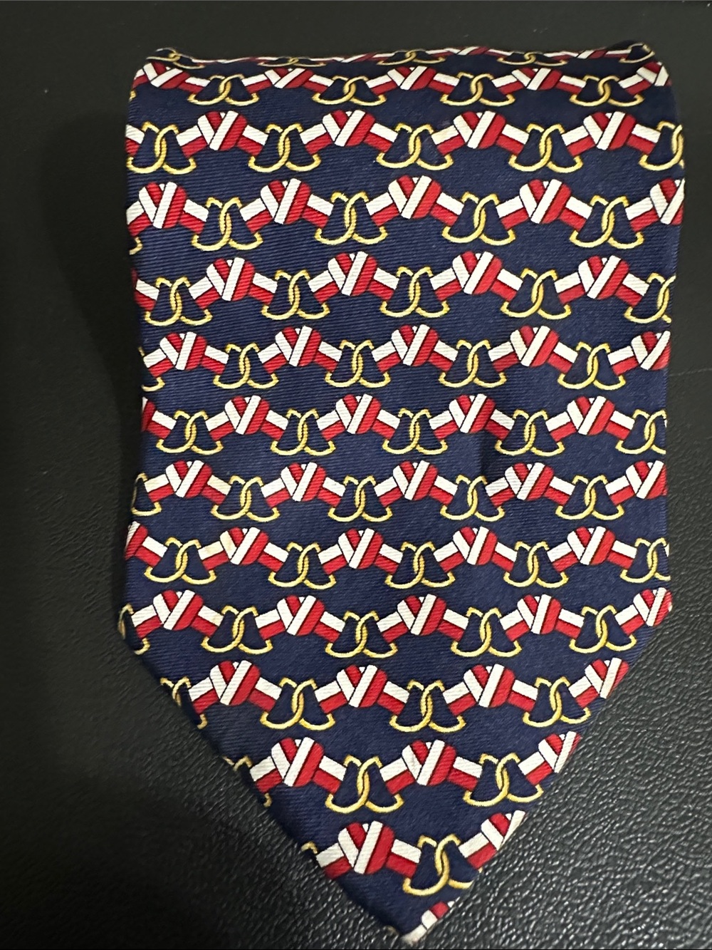 Paolo Gucci, Navy Blue Patterned Silk Tie with Red and Gold Accents